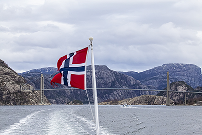 Norwegian Flag, Bridge, Mountains and Fiord.
